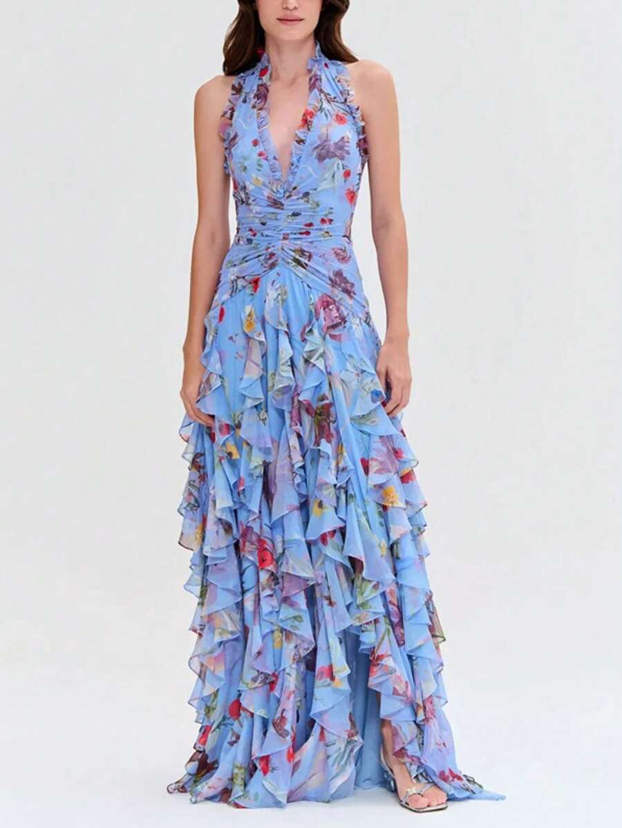 Vestido Largo Estilo Chic con Estampado, Volantes y Cintas, Fiesta Elegante - Azul - Ver 1