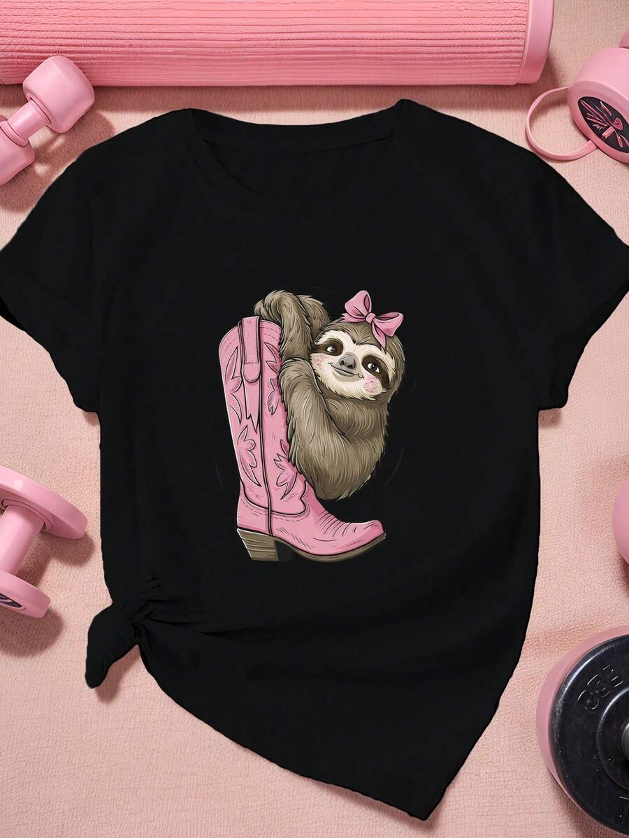 Women's Short-Sleeved Sports T-Shirt With Sloth And Pink Ribbon. - Black - View 1