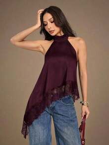 Top halter con escote trasero, bajo asimétrico y parches de encaje, sexy para el verano - Granada - Ver 4