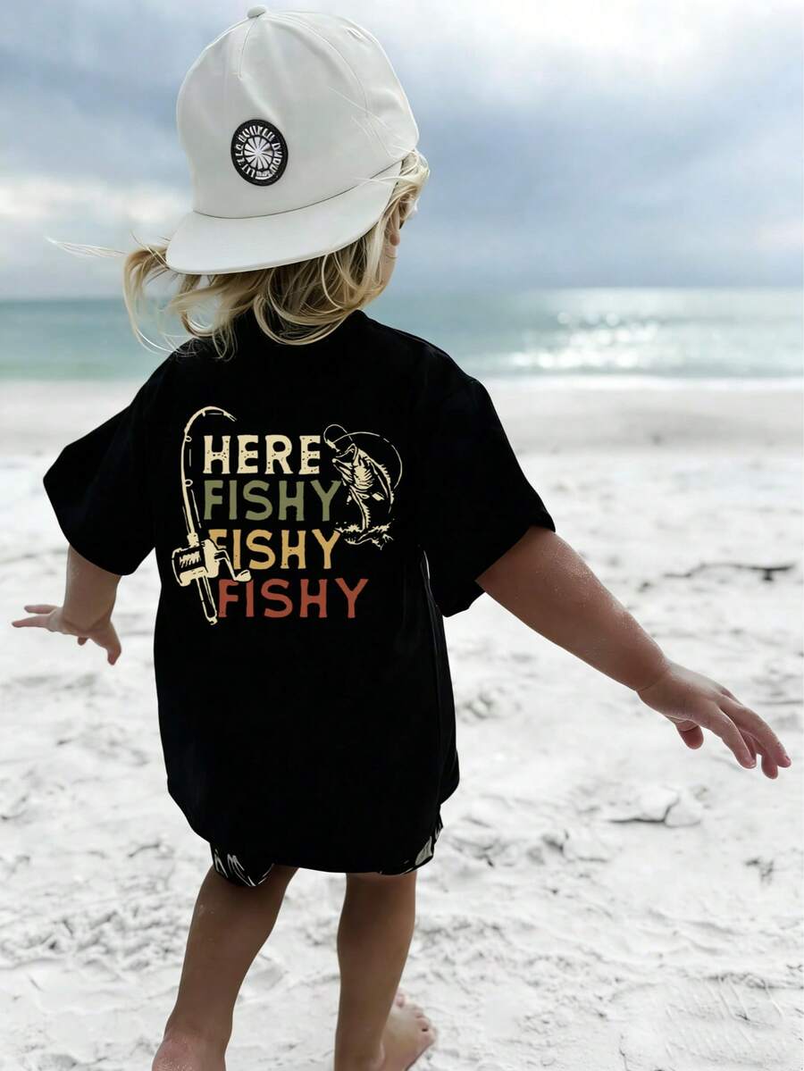 小男孩 HereFishyFishy 印花 T-shirt,舒適面料,適合戶外、日常、校園穿著,春夏百搭上衣 - 黑色 - 查看 1