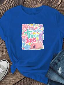 Classic "Three Days Miracle" Floral Print T-Shirt With Easter Theme - Casual Short Sleeve Crew Neck T-Shirt, Machine Washable, Ideal For Spring, Summer, And Autumn, Suitable For Work, Office, And Home Wear (Not A Tunic Style). Bestseller. - 藍色 - 查看 3