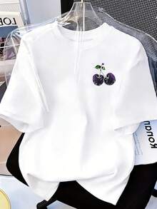 Plus Size T-Shirt For Women - Plus Size - Women's Plus Size Casual T-Shirt, Cherry Print, Summer Pink Top, Short Sleeves And Round Neck, Embodying The Latest , Perfect For Wearing In Spring And Summer, And An Ideal Gift For Easter And Mother's Day. - 白色 - 查看 1