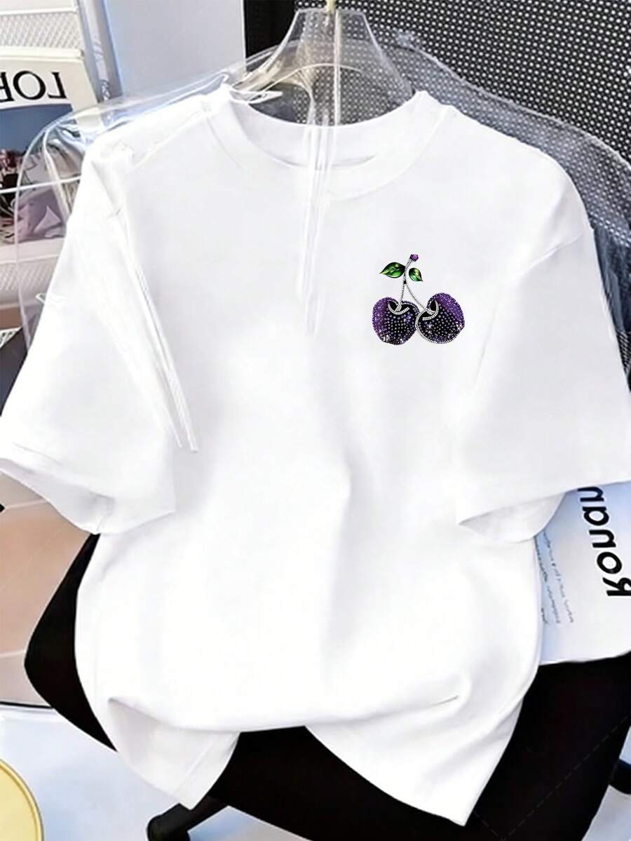 Plus Size T-Shirt For Women - Plus Size - Women's Plus Size Casual T-Shirt, Cherry Print, Summer Pink Top, Short Sleeves And Round Neck, Embodying The Latest , Perfect For Wearing In Spring And Summer, And An Ideal Gift For Easter And Mother's Day. - 白色 - 查看 1