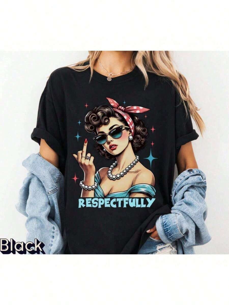 100% Cotton T-Shirt With Respectful Design, Cute Sarcastic T-Shirt, Retro Meme T-Shirt, Funny Vintage T-Shirt, Sarcastic T-Shirt, Funny T-Shirts, Funny Gift For Her, Casual Short Sleeve Crew Neck T-Shirt For Summer And Spring, Women's Clothing - 黑色 - 查看 1