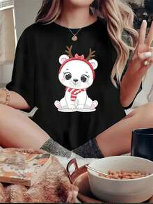 MAGIC BEAT Camiseta de talla grande para mujer, con estampado de renos y osos navideños, cuello redondo holgado, manga corta, camiseta informal para vacaciones, regalo para el Día de la Madre, blusas negras para mujer. Camisetas gráficas de verano para mujer. Camiseta informal estampada para mujer, manga corta y cuello redondo, moda urbana local de primavera/verano. - Negro - Ver 1