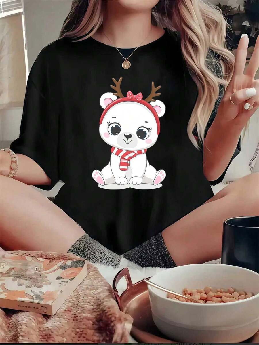 MAGIC BEAT Camiseta de talla grande para mujer, con estampado de renos y osos navideños, cuello redondo holgado, manga corta, camiseta informal para vacaciones, regalo para el Día de la Madre, blusas negras para mujer. Camisetas gráficas de verano para mujer. Camiseta informal estampada para mujer, manga corta y cuello redondo, moda urbana local de primavera/verano. - Negro - Ver 1