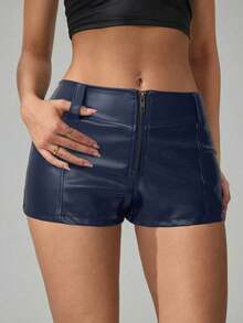 Shorts Casuales de Color Sólido con Cierre Frontal para Mujeres Altas, Micro Shorts - Azul Marino - Ver 6