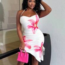 Women's Vacation White Based Pink Floral Romantic Print Asymmetric Hem Halter Bowknot Bodycon Dress, For Beach, Western, Festival, Summer Outfit, Boho,Summer Dresses For Women - Rosa - Ver 7