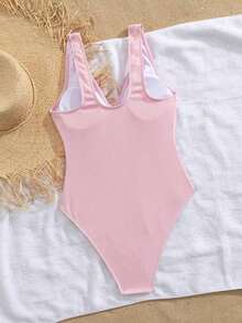 Traje de baño de una sola pieza para mujer, diseño de cortes circulares con cruce de bandas y decoración de estrellas de mar metálica, que proporciona control de abdomen - Rosa - Ver 2