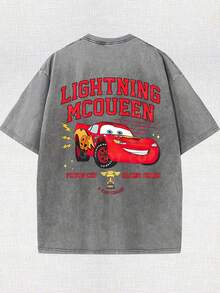 Men's Disney Washed Piston Cup McQueen Tee, Retro Racing Print, Loose Fit, Premium Cotton. - 灰色 - 查看 2