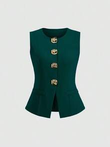 delgado sin mangas para mujer con botones metálicos grandes de estilo minimalista francés - Verde Oscuro - Ver 5