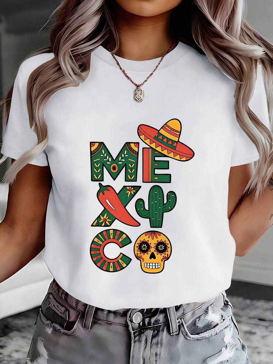 Camiseta de Mujer con Temática Mexicana: Estampado de Chile, Cactus, Calavera y Sombrero - Manga Corta, Ropa Casual de Cultura Mexicana, Ideal para Looks Diarios y Eventos Temáticos 11743 - Blanco - Ver 1