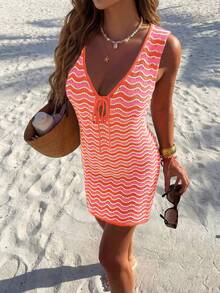 2026 Nuovo abito estivo da donna in maglia a righe con fiocco, senza maniche, corto, a contrasto di colore, abito da vacanza e spiaggia - 3 di colori diversi - Visualizzare 4
