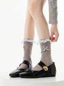 1 Pair Spring/Summer Thin Korean & Japanese Style Lace Ruffle Socks, Sweet Bowknot Leg Warmers For Girls - Multicolor - View 8