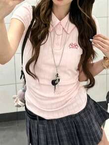 Áo thun nữ tay ngắn cổ polo phong cách Preppy họa tiết Jacquard, màu hồng mùa hè - Hồng - Xem 3
