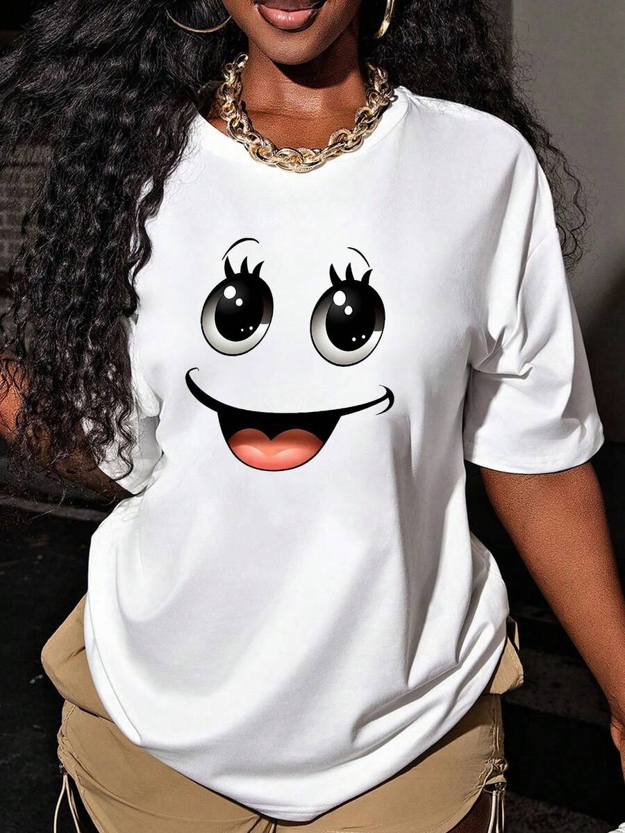 Camiseta informal de mujer de poliéster, manga corta y cuello redondo con estampado de dibujos animados, perfecta para el día a día. - Blanco - Ver 1