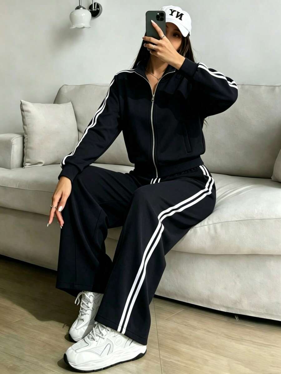 Conjunto De Top Corto De Manga Larga Y Pantalón Para Mujer Con Diseño De Bloques De Color - Negro - Ver 1