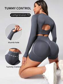 Women's Seamless High-Elastic Long-Sleeve Leggings Sports Basic Set, Versatile Outdoor Fitness Outfit - 深灰色 - 查看 1