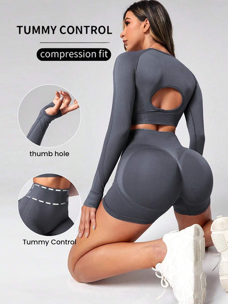 Women's Seamless High-Elastic Long-Sleeve Leggings Sports Basic Set, Versatile Outdoor Fitness Outfit - 深灰色 - 查看 1