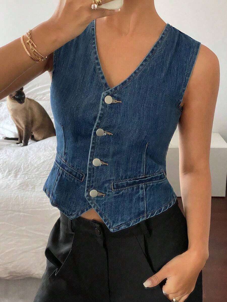 Chaleco vaquero casual con cuello en V para mujer - Azul lavado medio - Ver 1