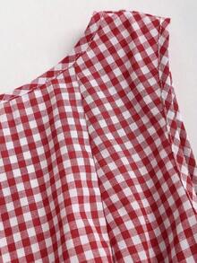 Vestido casual de mujer con cuello de barco, sin mangas, con estampado de cuadros, espalda descubierta, contraste de color, lazo en la cintura y silueta evasé, para primavera/verano - Rojo - Ver 7