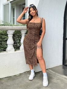 Vestido midi ajustado sin mangas con abertura lateral, busto fruncido, estampado de leopardo y estampado animal, de estilo casual y sexy, ligero para fiestas, vacaciones de verano y principios de otoño, para mujeres de talla grande - Marrón - Ver 5