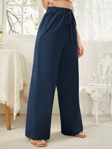 Pantalones anchos de cintura elástica anudada de unicolor para mujer - Azul marino - Ver 3