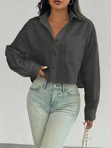 Camisa casual de manga larga con bolsillo, de ajuste suelto y hombros caídos, de unicolor, para primavera/verano, Top de manga larga - Gris Oscuro - Ver 7