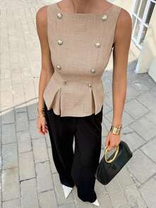 Blusa elegante sin mangas con cintura ceñida para uso diario, verano - Albaricoque - Ver 4