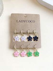 LADYCOCO 4 Pasang/Set Anting Gantung Motif Enamel Fashion dengan Motif Daun Semanggi dan Bunga Warna-warni, Cocok untuk Dipakai Sehari-hari oleh Wanita - MultiWarna - View 3