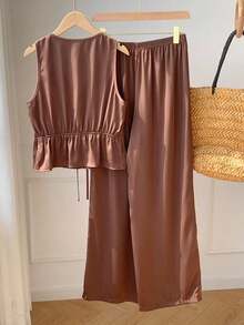 Conjunto informal de chaleco y pantalones con cordones en marrón para mujer - Marrón - Ver 2
