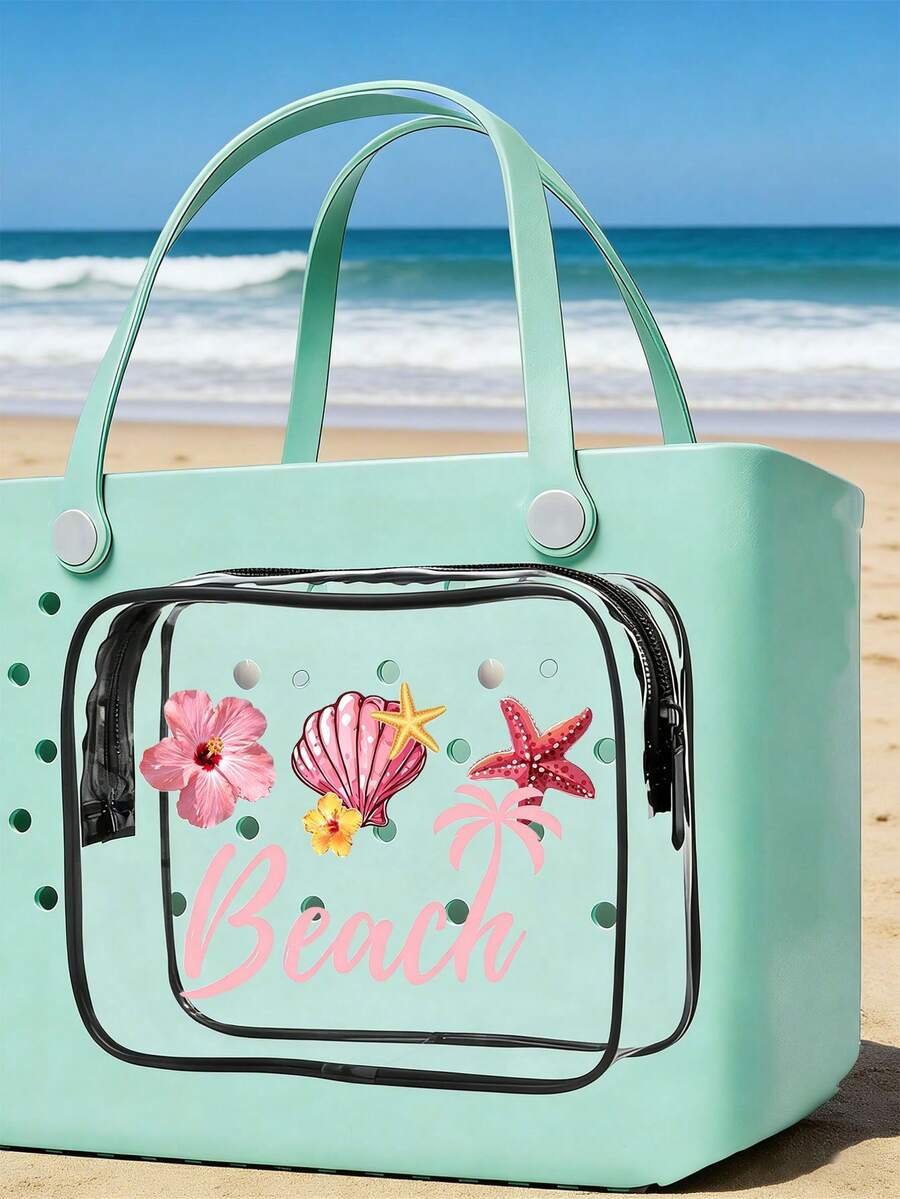 New "Beach" Print Waterproof PVC Beach Bag, Decorated With Seashells And Starfish, Beach Accessories, Toiletry Bag, Travel Accessories, Suitable For Decorative Items, Suitable For Travel And Outings, Durable Waterproof And Wear-Resistant, Easy To Clean, Suitable For Bogg Bags, Transparent Bogg Cosmetic Bag With Phone Holder, Internal Compartment Storage Space, Suitable For Travel Cosmetic Bag - Multicolor - View 1