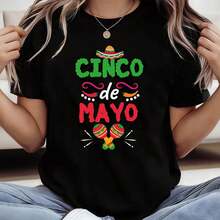 Women's Spring-Summer Short-Sleeved Crew Neck T-Shirt With "CINCO De AYOS" Text Print In The Style Of The Mexican Cinco De Mayo Carnival, Suitable For Casual Shopping, Christmas Gifts, Friend Gatherings, Music Parties, And Holiday Wear. - 黑色 - 查看 6