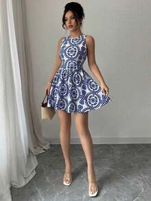 Vestido corto sin espalda para mujer, minimalista y de moda, adecuado para el verano - Azul - Ver 6