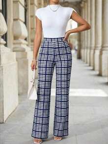 Pantalones elásticos de punto con estampado de cuadros elegantes para mujer, adecuados para varias ocasiones, como vacaciones de verano, viajes elegantes y uso diario - Azul y blanco - Ver 3