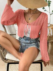 Cárdigan de punto calado de color liso casual para vacaciones - Rosado Sandía - Ver 5