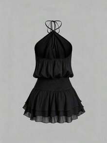 Vestido mini con espalda descubierta, estilo sexy y picante, de cuello halter, adecuado para citas, vacaciones y verano - Negro - Ver 2
