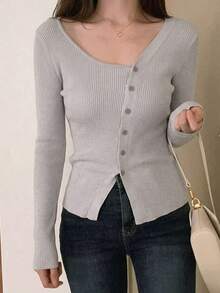Blusa casual de mujer de punto acanalado con botones y manga corta - Gris - Ver 5