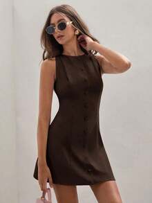 Vestido casual de verano de mujer de mini longitud, de un solo botón, cuello redondo y sin mangas, de unicolor - Cafetería - Ver 6