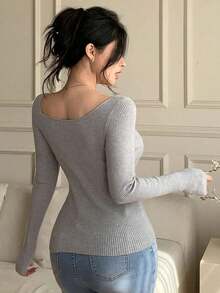 Blusa casual de mujer de punto acanalado con botones y manga corta - Gris Claro - Ver 2