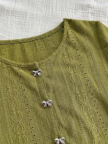 Blusa casual de mujer con manga corta, bordado de malla y lazo con botón - Verde - Ver 5