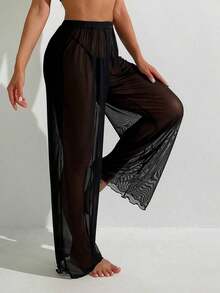 Swim Basics Pantalones de cobertura de malla transparente sólida para el verano - Negro - Ver 3