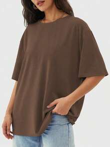 Camiseta holgada para mujer de manga corta y cuello redondo, camisa casual estilo Y2K, básica para deportes de verano - Marrón - Ver 2