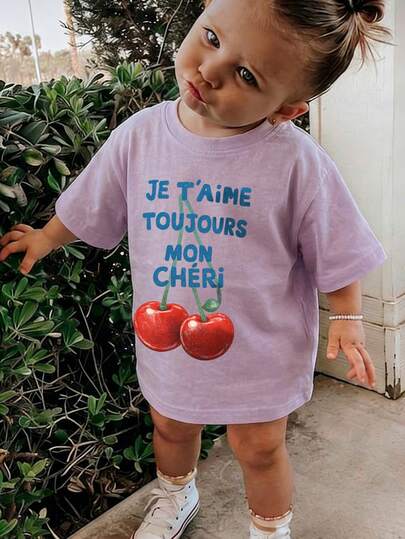 1pc Baby Girls' Creative Cartoon Decor Letter Slogan Print Basic Round Neck Short Sleeve T-Shirt, Casual & Fashionable Infant Clothing