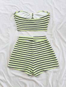 2 piezas Conjunto de top corto a rayas y shorts de cintura alta para mujer, adecuado para vacaciones, citas, té de la tarde, playa, crucero, viaje a la ciudad, festival de música, estilo bohemio de playa - Verde - Ver 2