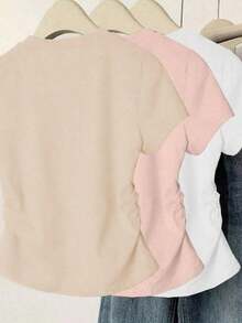 Set de 3 camisetas de mujer de manga corta, cuello redondo, unicolor, con detalle de volantes y estampado de mariposa, de estilo casual y slim para el verano - Multicolor 10 - Ver 2