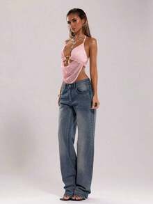 Top sin espalda con halter bordado de encaje y cuentas, apropiado para vacaciones en la playa - Rosa coral - Ver 4
