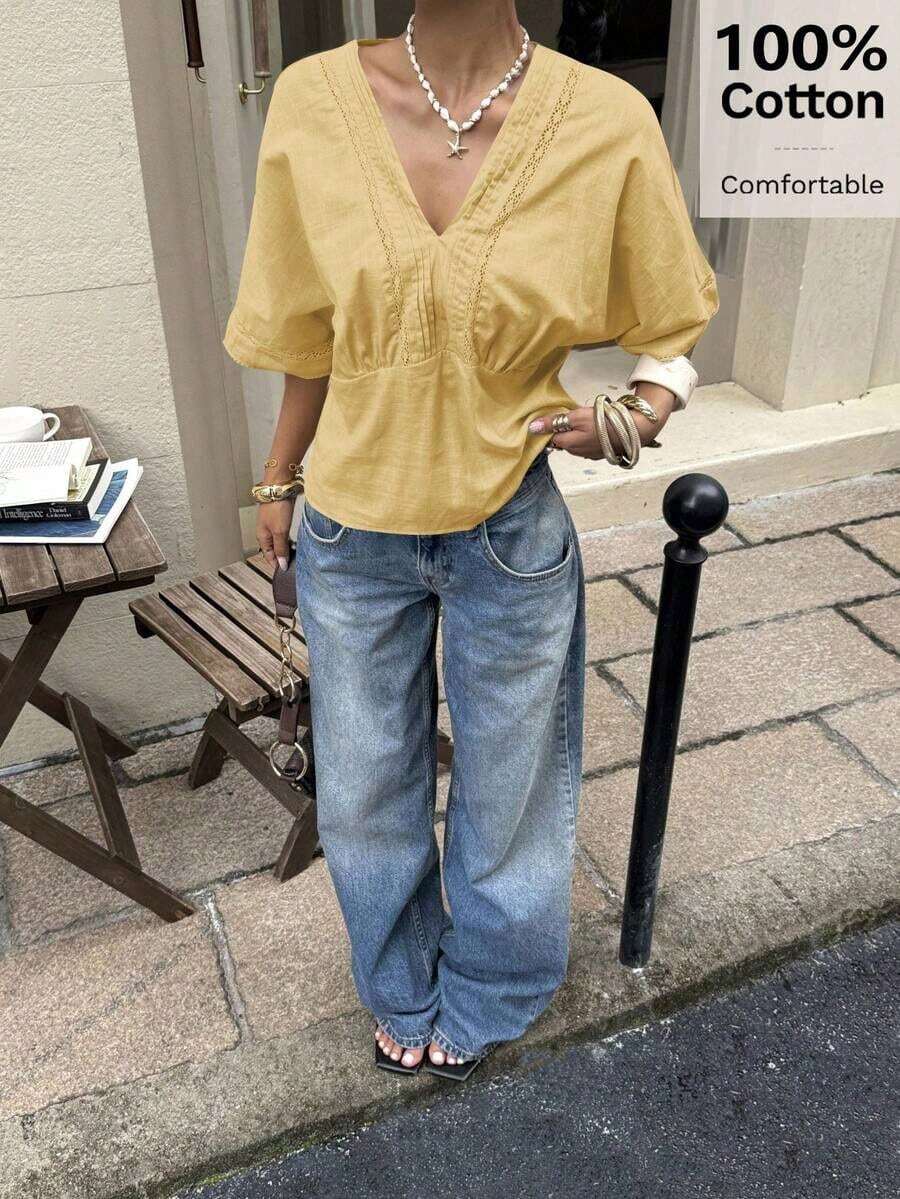 Camisa de mezcla de lino con encaje a rayas para mujer - Amarillo claro - Ver 1