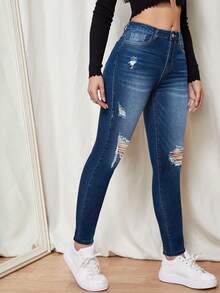 ALO FASHION Jeans ajustados de mezclilla para mujer, estilo otoño, lavados y con efecto desgastado, de largo completo, estilo casual y de fiesta, cómodos y elegantes. - azul real - Ver 2