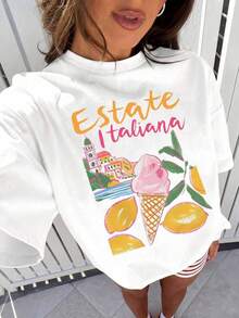 Camiseta gráfica de mujer "Estáte Italiana", casual, de cuello redondo, hombros caídos, manga corta, top de moda de verano para viajes. 6TLQ - Blanco - Ver 3
